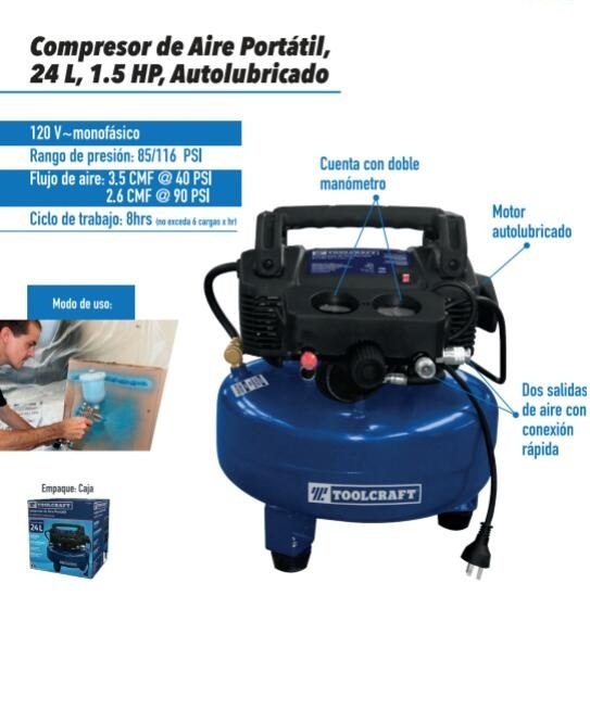 COMPRESOR DE AIRE TOOLCRAFT TIPO HAMBURGUESA 24 LTS 1.5 HP